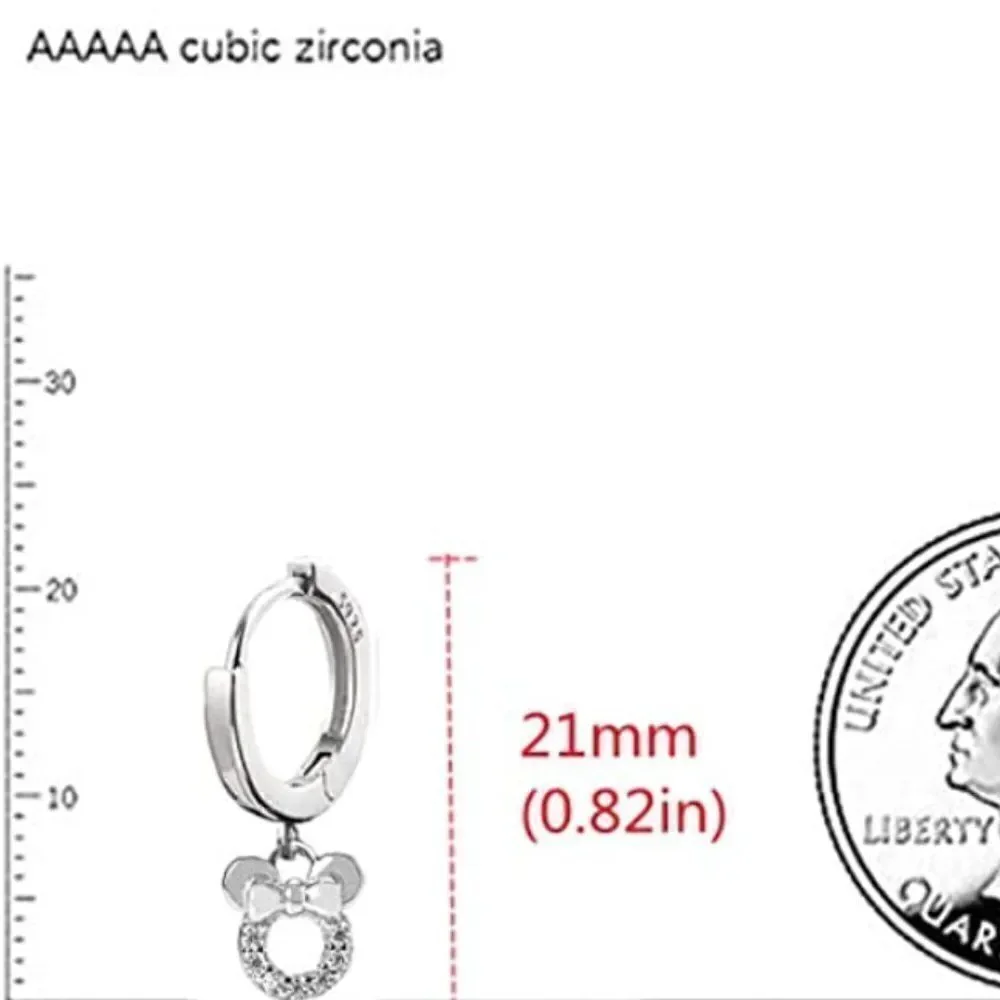 925 Sterling Silver and Diamond Cubic Zircona Minnie Mouse Hoop Huggie Earrings